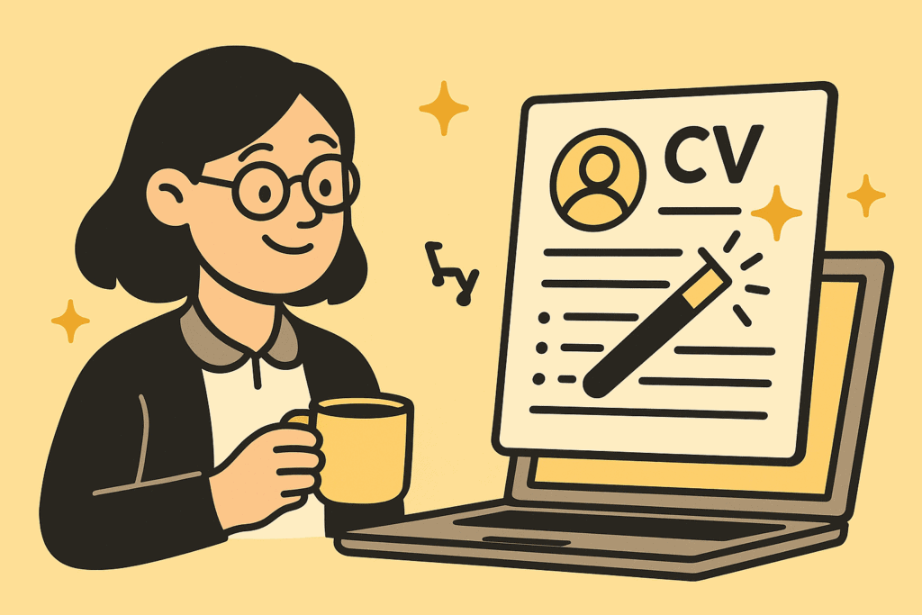 “Flat illustration of a smiling teacher holding a cup while viewing a resume on a laptop, with yellow sparkles showing AI-assisted resume editing.”