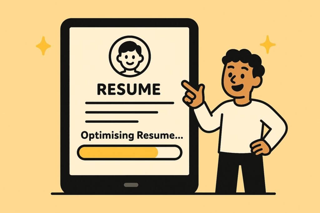 &ldquo;Minimal illustration of a digital tablet displaying a resume being optimised, with a character pointing at the screen and yellow accents throughout.&rdquo;