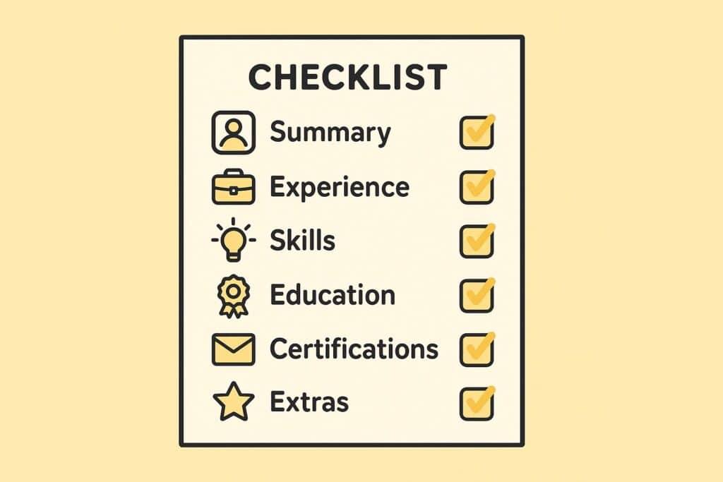 &ldquo;Infographic-style checklist showing the seven essential resume sections with yellow checkmarks and minimal flat icons.&rdquo;