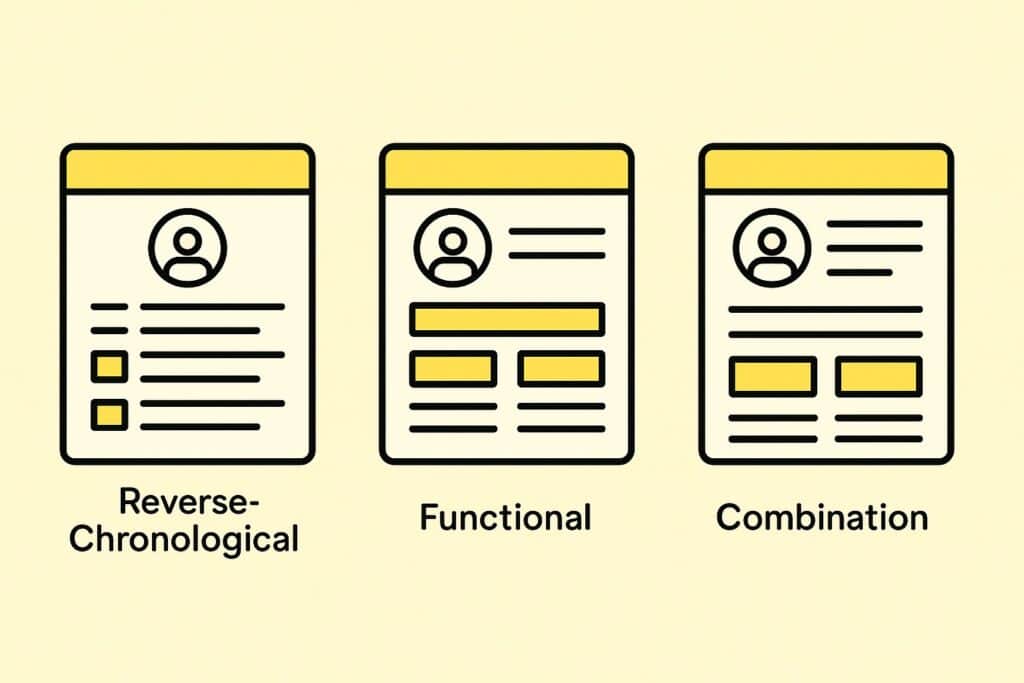 &ldquo;Three simple resume icons labeled Reverse-Chronological, Functional, and Combination, shown side by side with yellow headers.&rdquo;
