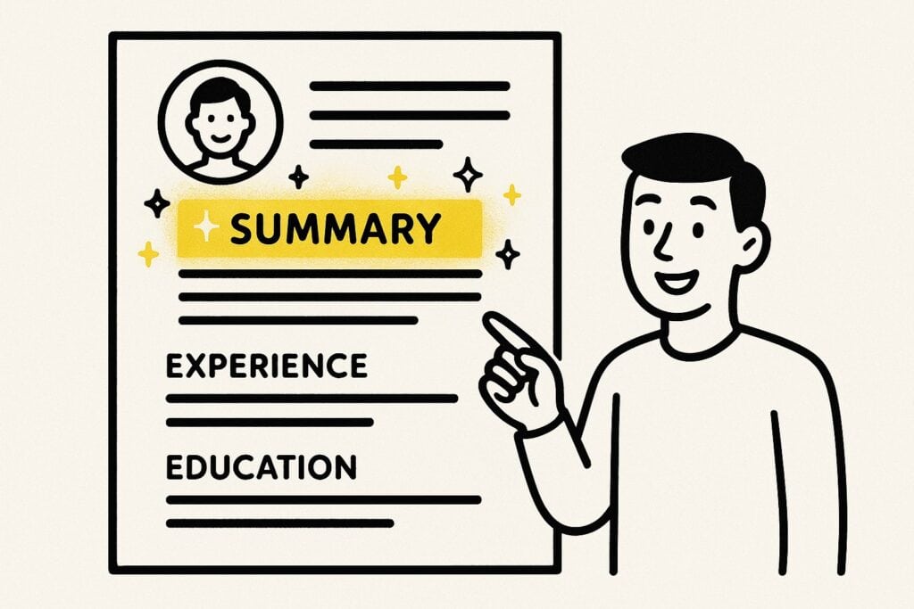 &ldquo;Flat illustration of a resume with the summary section highlighted in yellow while a character points to it with sparkles.&rdquo;
