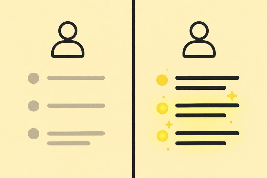 &ldquo;Split-screen comparison showing weak bullet points in grey next to strong, yellow-highlighted bullet points with sparkles.&rdquo;