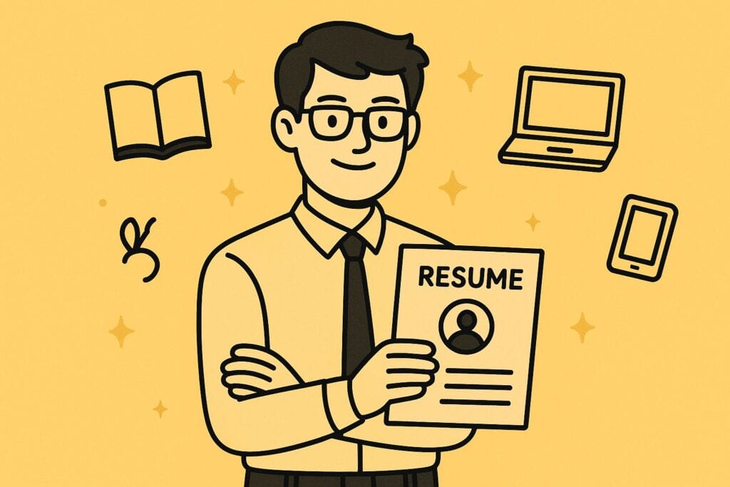 &ldquo;Young teacher holding a resume with education- and technology-related icons floating in yellow accents.&rdquo;
