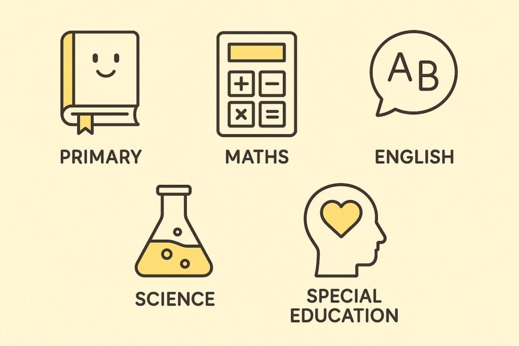 &ldquo;Grid of yellow-accented icons representing primary, maths, English, science, and special education subjects.&rdquo;