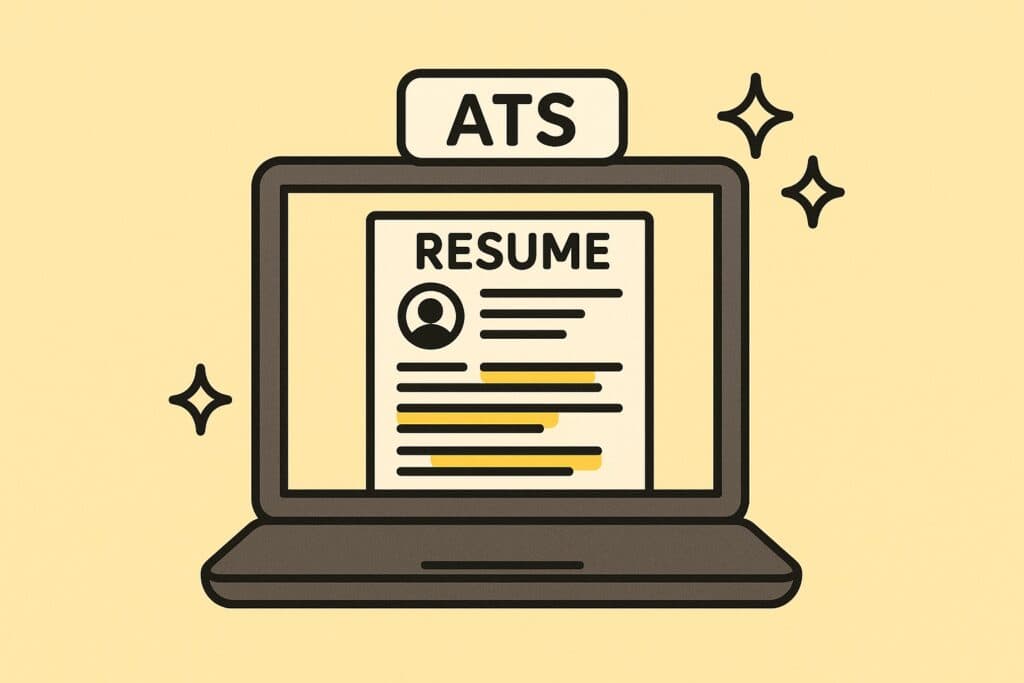 &ldquo;Laptop illustration showing an ATS system scanning a resume with keywords highlighted in yellow.&rdquo;