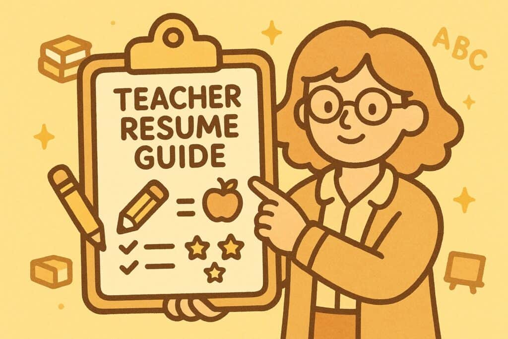 A friendly cartoon-style character points to a large clipboard titled &ldquo;Teacher Resume Guide.&rdquo; The clipboard shows simple icons such as a pencil, an apple, checklist lines, and small stars representing resume sections. The background is soft yellow with floating educational icons like tiny books and ABC letters. The illustration uses thick rounded outlines and a warm pastel colour palette, matching the same friendly style as the reference image.