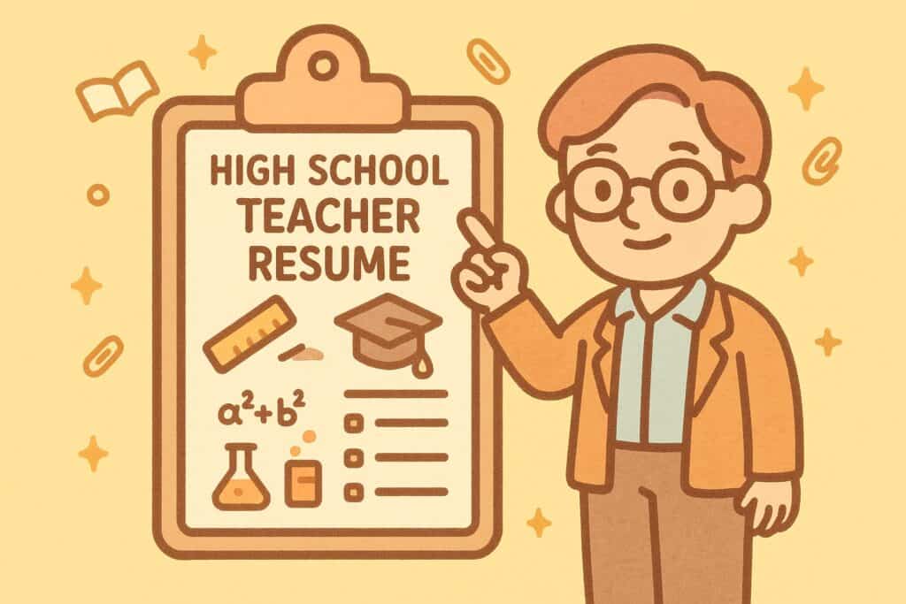 A friendly cartoon-style character dressed like a high school teacher points to a large clipboard titled &ldquo;High School Teacher Resume.&rdquo; The clipboard features simple icons such as a ruler, a graduation cap, checklist lines, and subject symbols like a book or science flask. The background is soft yellow with floating educational elements like tiny books, stars, and sparkles. The illustration uses thick rounded outlines and a warm pastel palette matching the reference image&rsquo;s friendly style.