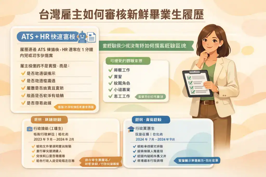 插画风格图片，主题为「台湾雇主如何审核新鲜毕业生履历」，画面说明 ATS 与 HR 快速筛选履历的重点，包括是否清楚呈现能力、经历真实性与结构清晰度，并列出可接受的经验来源如实习、兼职、社团与志工，新鲜人女性代表手持检查清单，强调即使无全职经验也能通过审核。