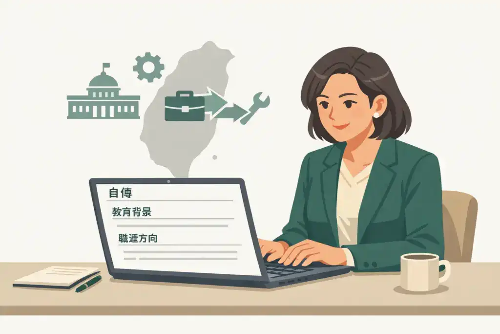 一位穿著深綠色西裝外套的台灣女性專業人士，坐在書桌前使用筆電撰寫履歷自傳，螢幕上顯示「自傳」、「教育背景」與「職涯方向」等結構化內容，背景包含台灣地圖與政府、工程、轉職相關圖示，象徵台灣求職與職涯規劃。