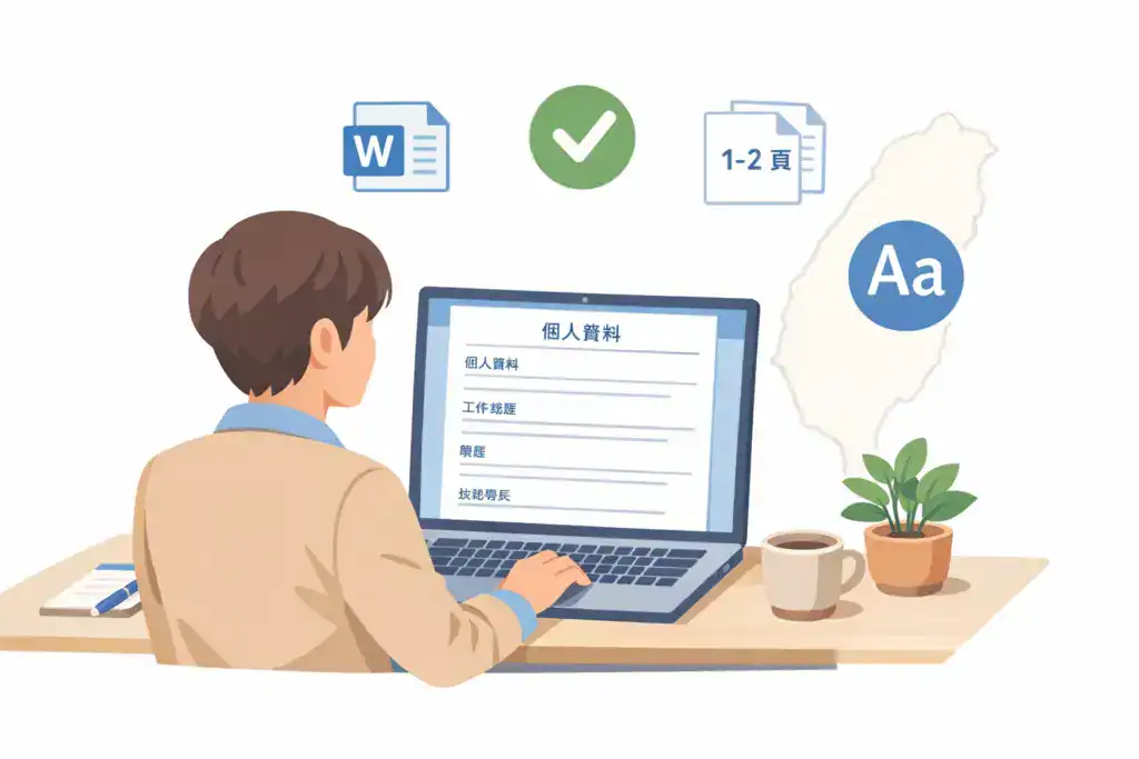 Alt text（繁體中文）：
一名台灣求職者坐在書桌前使用筆電編輯履歷，螢幕上顯示簡潔的 Word 履歷模板與清楚的區塊標題。畫面周圍有 Word 文件、ATS 勾選符號、1&ndash;2 頁標示與字體圖示，背景為台灣地圖，呈現適合 ATS 讀取、設計簡單的履歷模板選擇情境