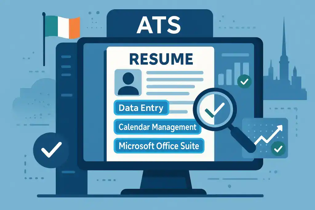 "Illustration of a resume being scanned by an ATS with highlighted keywords and digital indicators, showing how to optimize for Irish employers."