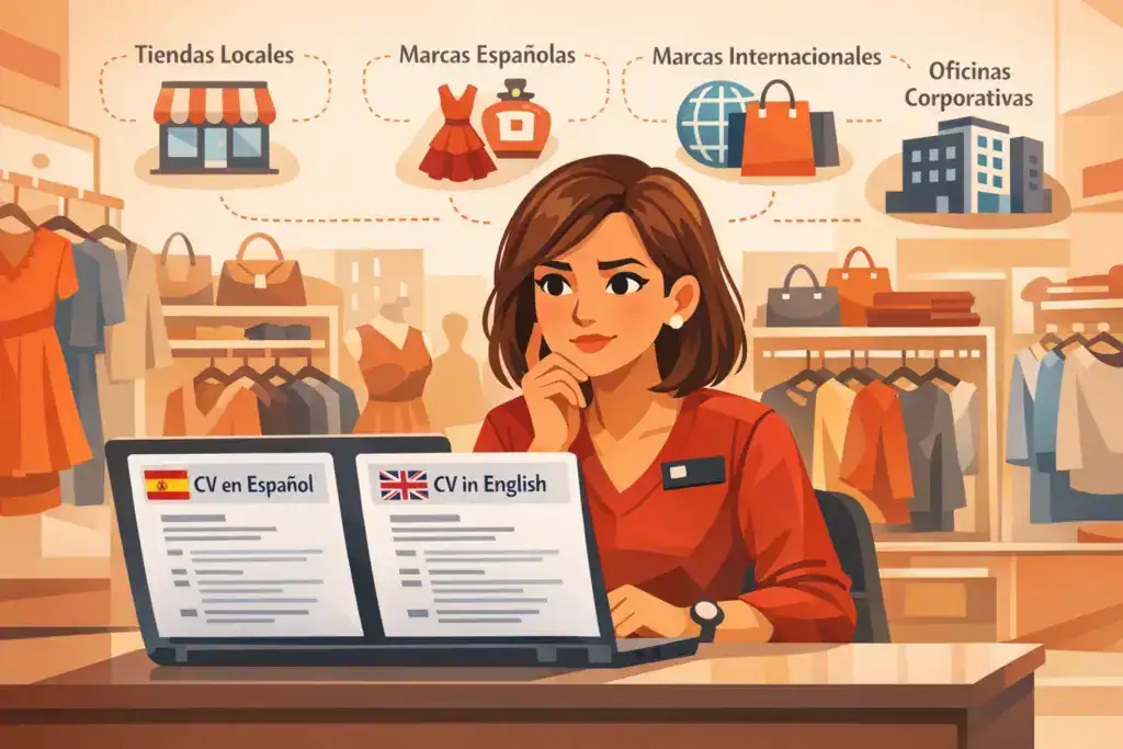 Dependienta en una tienda de moda comparando un CV en español y un CV en inglés en su portátil, mostrando cuándo usar cada idioma para trabajar en retail en España.