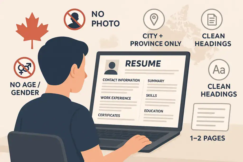 Illustration of a person reviewing a Canadian-style resume on a laptop, surrounded by icons showing resume rules such as no photo, no age or gender, city and province only, clean headings, and a 1&ndash;2 page format.