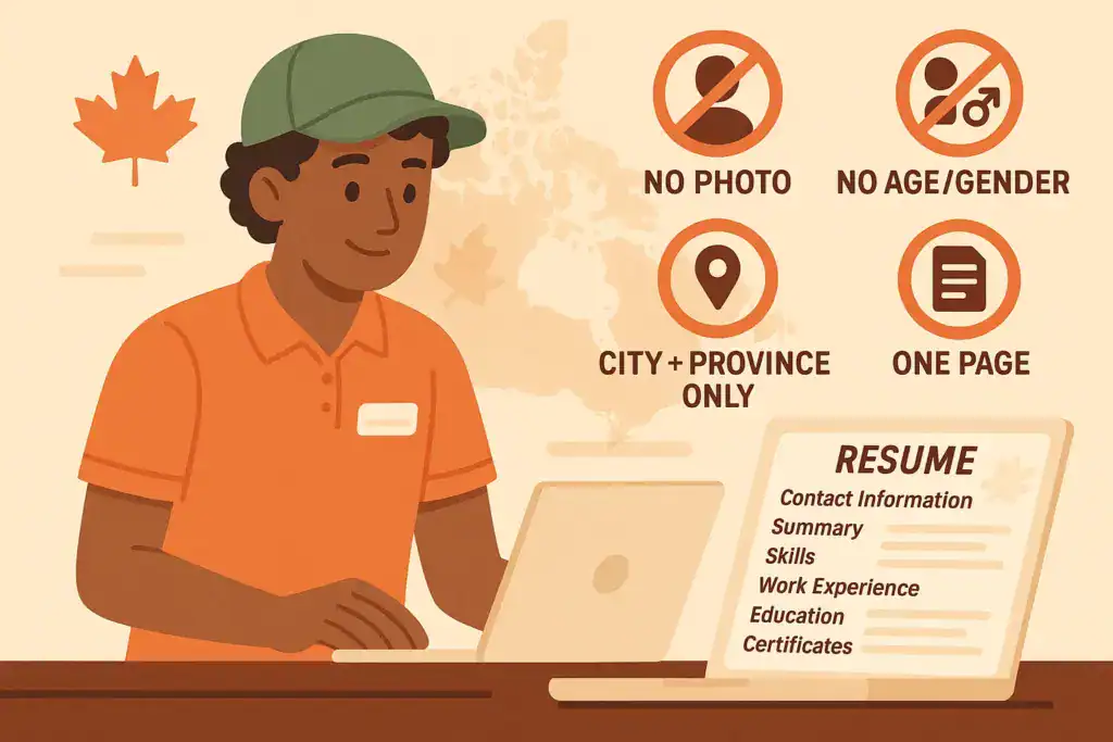 A cashier in a uniform reviews a resume on a laptop, with icons showing Canadian resume rules: no photo, no age or gender, city and province only, and one-page format, along with a list of resume sections