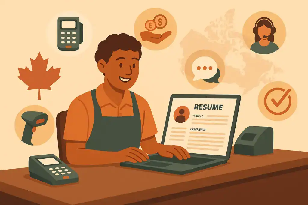 Illustration of a cashier sitting at a checkout counter while reviewing a resume on a laptop, surrounded by icons such as a maple leaf, POS terminal, barcode scanner, money, communication bubbles, customer service headset, and a checkmark, with a faint map of Canada in the background