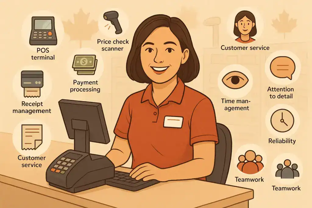 Illustration of a cashier at a checkout counter, surrounded by icons showing key cashier skills such as POS terminal, price check scanner, payment processing, receipt management, customer service, attention to detail, time management, reliability, and teamwork
