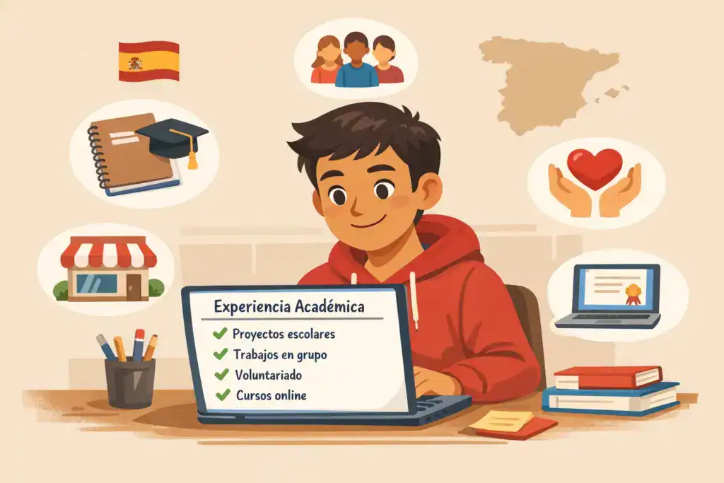 Ilustraci&oacute;n de un estudiante en Espa&ntilde;a creando su CV con experiencia acad&eacute;mica, mostrando proyectos escolares, trabajos en grupo, voluntariado y cursos online como experiencia v&aacute;lida.