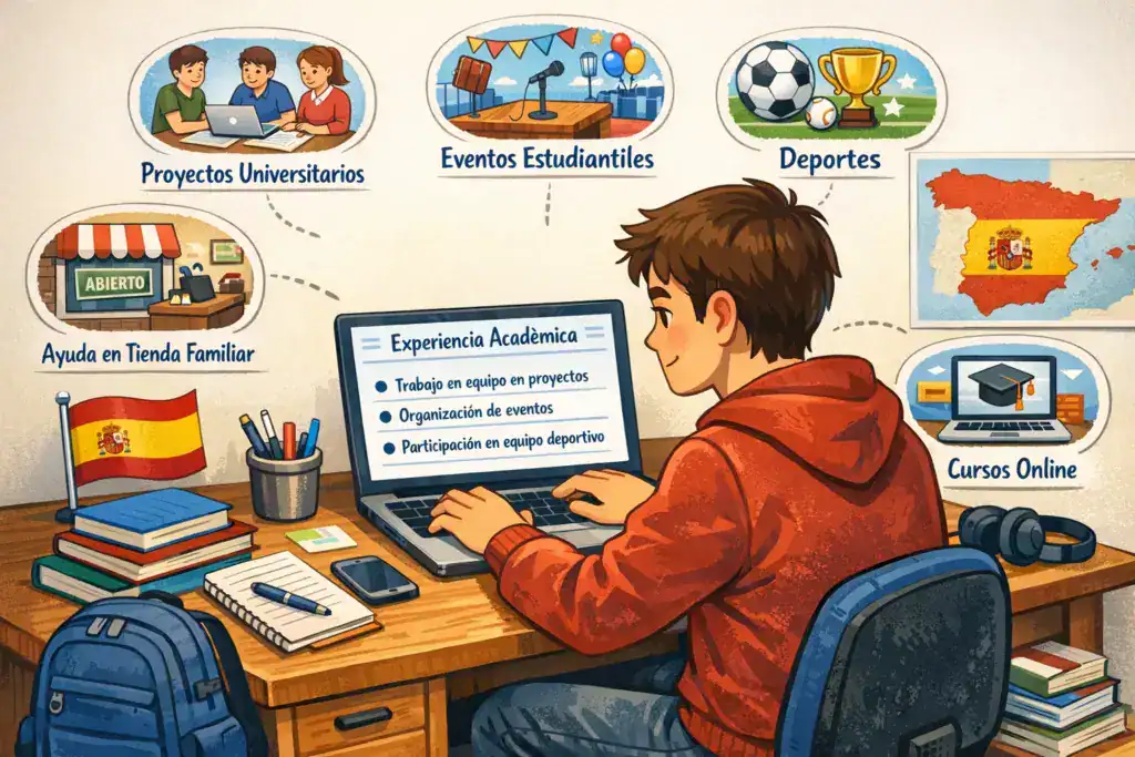 Ilustraci&oacute;n de un estudiante en Espa&ntilde;a redactando su CV en un port&aacute;til, mostrando experiencia acad&eacute;mica basada en actividades estudiantiles como proyectos universitarios, eventos, deportes, ayuda en tienda familiar y cursos online.