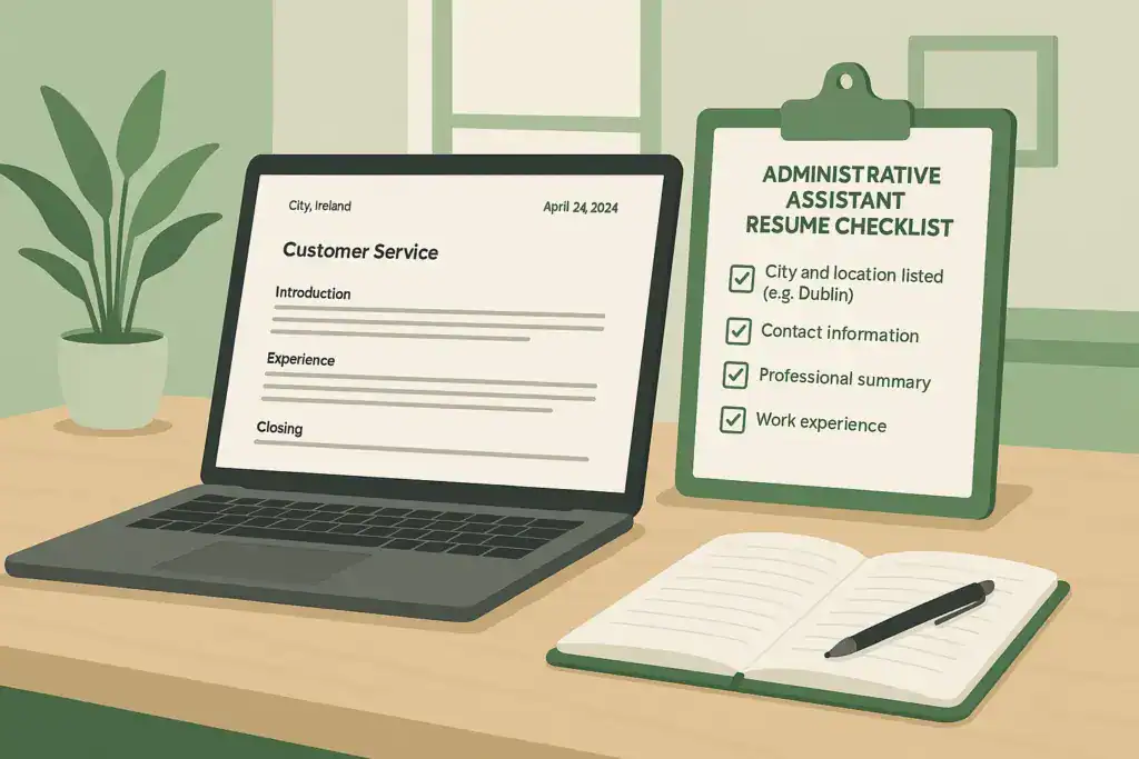 Graphic showing a customer service cover letter example for Ireland beside an admin assistant resume checklist in a modern office setting.