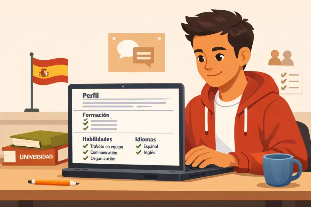 de estudiante con secciones claras de perfil, formaci&oacute;n, habilidades e idiomas, con iconos de verificaci&oacute;n. El entorno es acad&eacute;mico, con libros universitarios, una taza y una peque&ntilde;a bandera de Espa&ntilde;a, transmitiendo un estilo limpio y profesional para un CV sin experiencia.