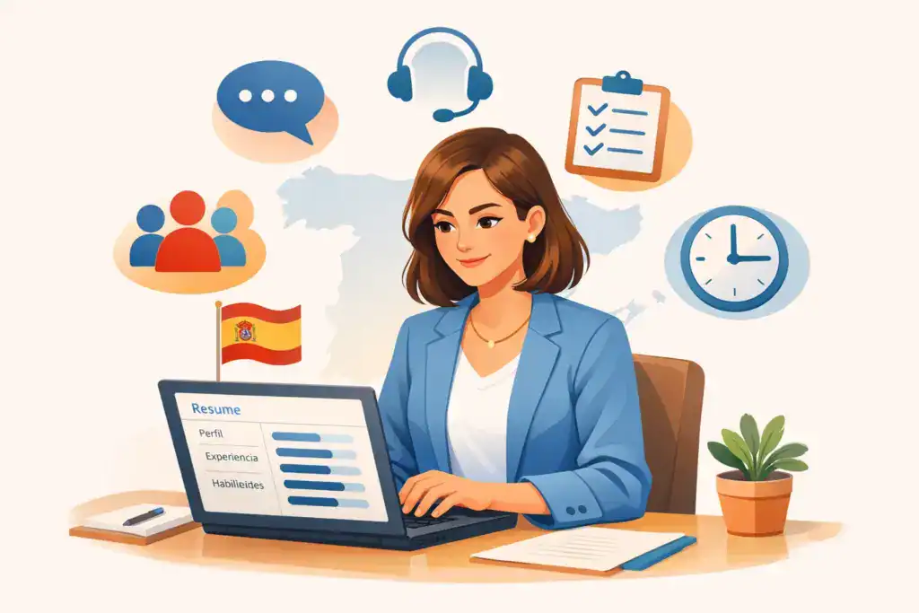 Ilustraci&oacute;n de una mujer profesional sentada en un escritorio trabajando en su curr&iacute;culum en un port&aacute;til. Alrededor aparecen iconos de habilidades como comunicaci&oacute;n, atenci&oacute;n al cliente, trabajo en equipo, organizaci&oacute;n y gesti&oacute;n del tiempo, junto a la bandera y el mapa de Espa&ntilde;a, representando un CV enfocado en habilidades para el mercado laboral espa&ntilde;ol.