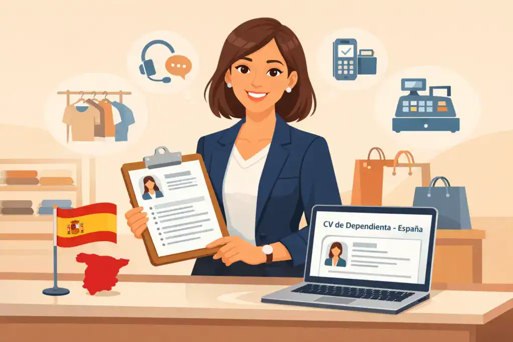 Ilustración de una dependienta en una tienda de retail en España mostrando un CV de dependienta, con un ordenador portátil que presenta un currículum en formato español, iconos de atención al cliente, TPV y ventas, y elementos visuales relacionados con el trabajo en tiendas españolas.
