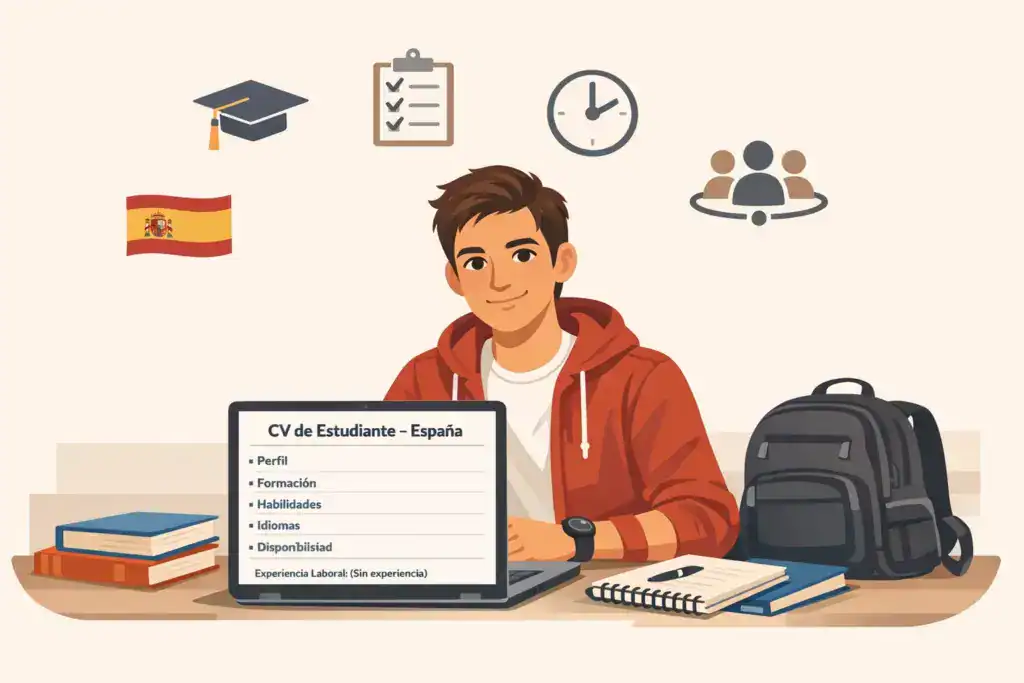 Ilustración de un estudiante en España trabajando en su portátil con un “CV de Estudiante – España” en pantalla, mostrando secciones como perfil, formación, habilidades, idiomas y disponibilidad, sin experiencia laboral. Alrededor aparecen iconos de estudios, tiempo y trabajo en equipo, con libros y mochila, representando un currículum para estudiantes sin experiencia.