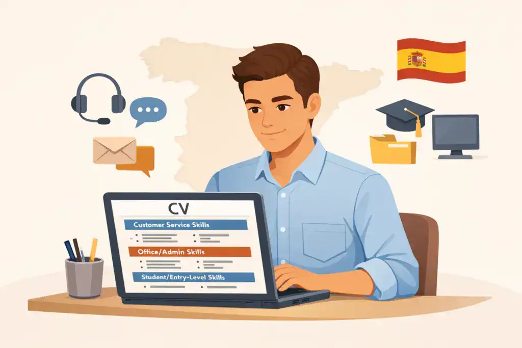 Ilustraci&oacute;n de un joven profesional en Espa&ntilde;a trabajando en su curr&iacute;culum en un port&aacute;til, con secciones de habilidades para atenci&oacute;n al cliente, oficina administrativa y estudiante, acompa&ntilde;adas de iconos profesionales y la silueta del mapa de Espa&ntilde;a al fondo.