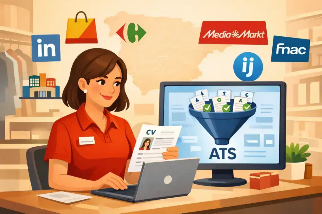Ilustración de una dependienta en España revisando su currículum en un portátil mientras un sistema ATS filtra candidatos en la pantalla, con iconos de cadenas retail, LinkedIn e InfoJobs y un mapa de España de fondo.