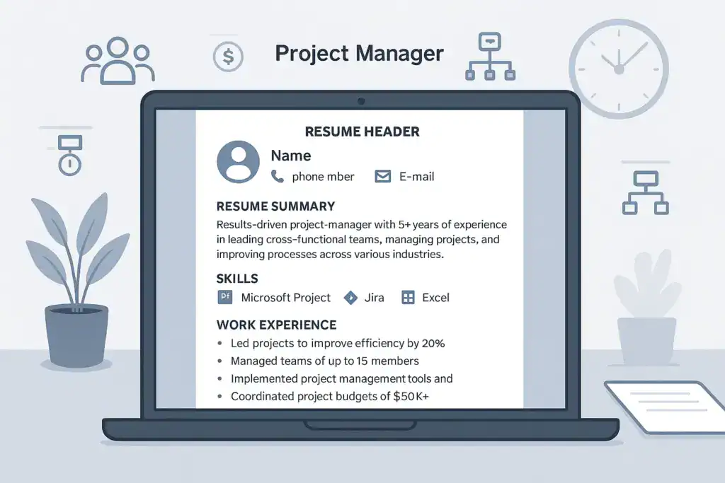Illustration of a laptop displaying a project manager resume with sections for 'Resume Header,' 'Resume Summary,' 'Skills,' and 'Work Experience.' The resume includes a professional summary, skills like Microsoft Project, Jira, and Excel, and work experience highlights like managing teams, improving efficiency, and coordinating project budgets