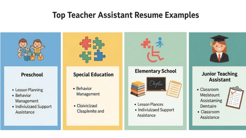 Infographic showing four types of teacher assistant resumes: preschool with toddlers and building blocks, special education with puzzle pieces and one-on-one support, elementary school with books and a blackboard, and junior teaching assistant with a clipboard, highlighting key skills and responsibilities for each role.