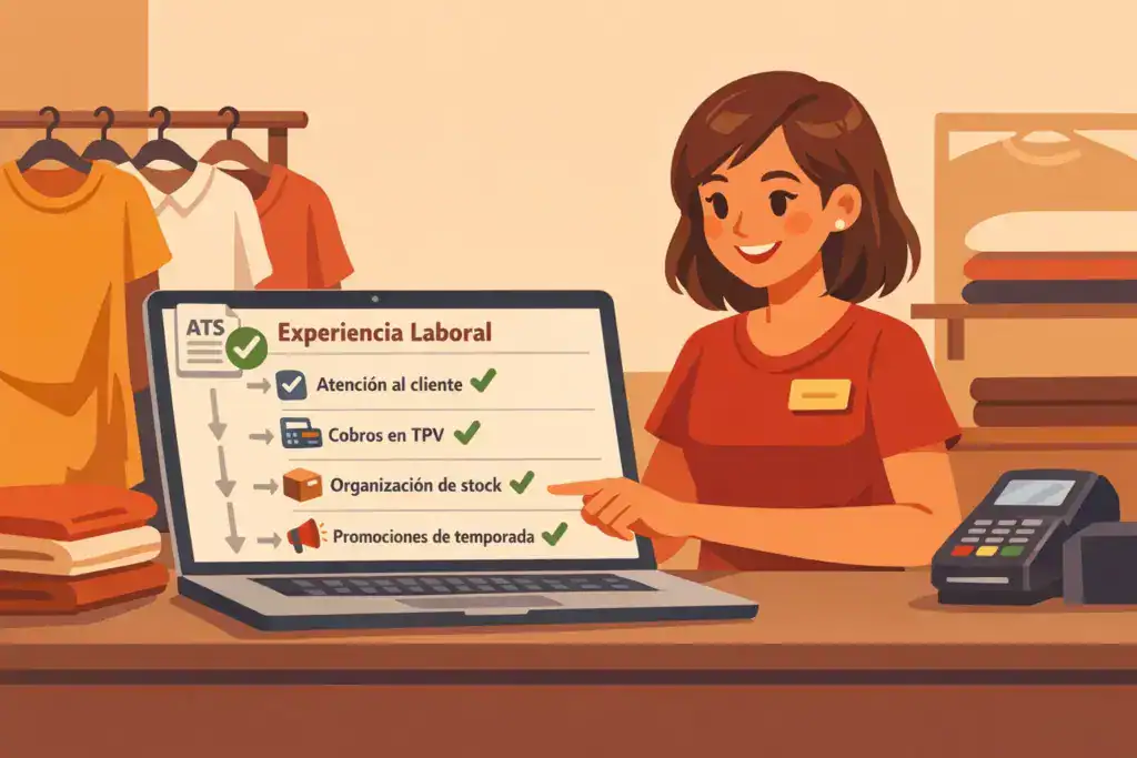 Ilustración de una dependienta en una tienda de ropa en España señalando la sección de “Experiencia Laboral” en un CV mostrado en un portátil, con tareas clave como atención al cliente, cobros en TPV, organización de stock y promociones estacionales marcadas como compatibles con ATS.