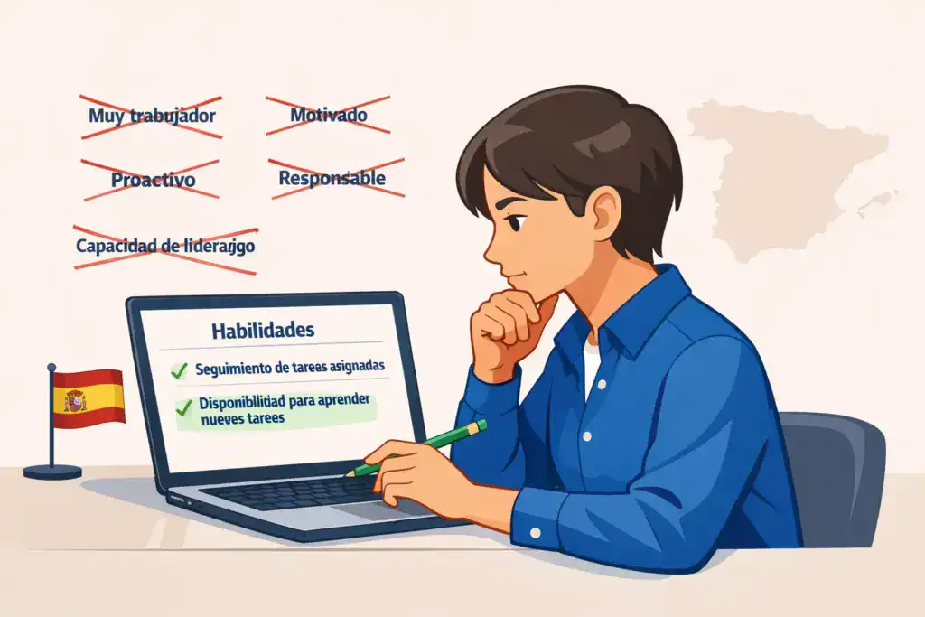 Ilustraci&oacute;n de un candidato revisando su curr&iacute;culum en un port&aacute;til, eliminando habilidades gen&eacute;ricas como &ldquo;muy trabajador&rdquo; y &ldquo;motivado&rdquo; y reemplaz&aacute;ndolas por habilidades pr&aacute;cticas y espec&iacute;ficas valoradas en un CV en Espa&ntilde;a.