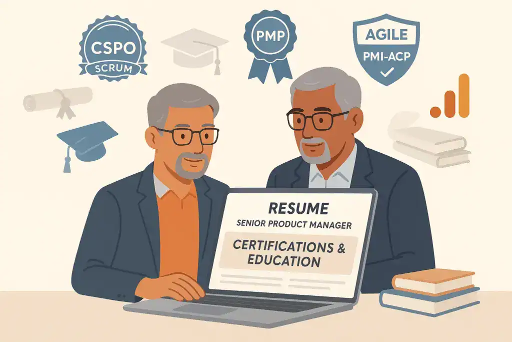Two senior professionals review a Senior Product Manager resume on a laptop, with the &lsquo;Certifications & Education&rsquo; section highlighted. Icons for CSPO, PMP, Agile PMI-ACP, a graduation cap, diploma, books, and analytics symbols appear around them