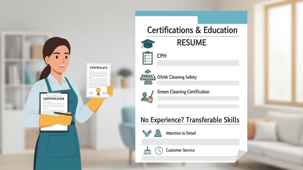 &ldquo;Illustration of a house cleaner holding a certificate and clipboard next to a resume page showing certifications, education, and transferable skills for candidates with no experience, with icons for cleaning, reliability, and attention to detail.&rdquo;