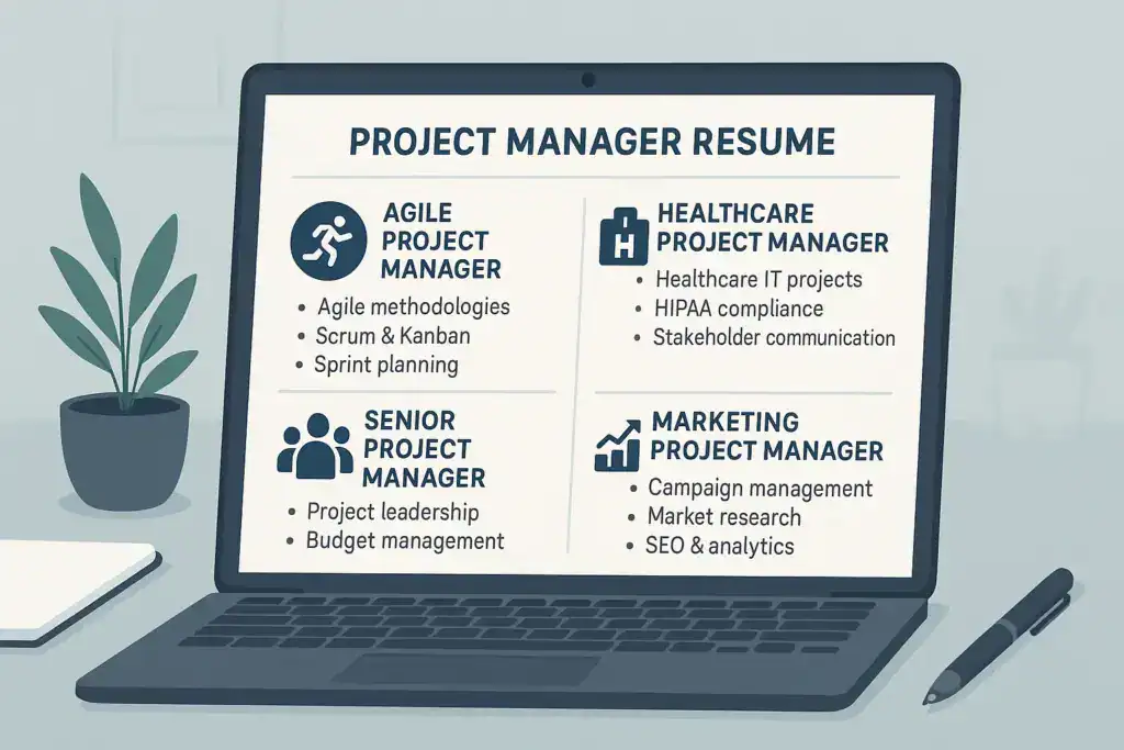 Illustration of a laptop displaying a project manager resume with sections tailored for different roles: Agile Project Manager, Healthcare Project Manager, Senior Project Manager, and Marketing Project Manager