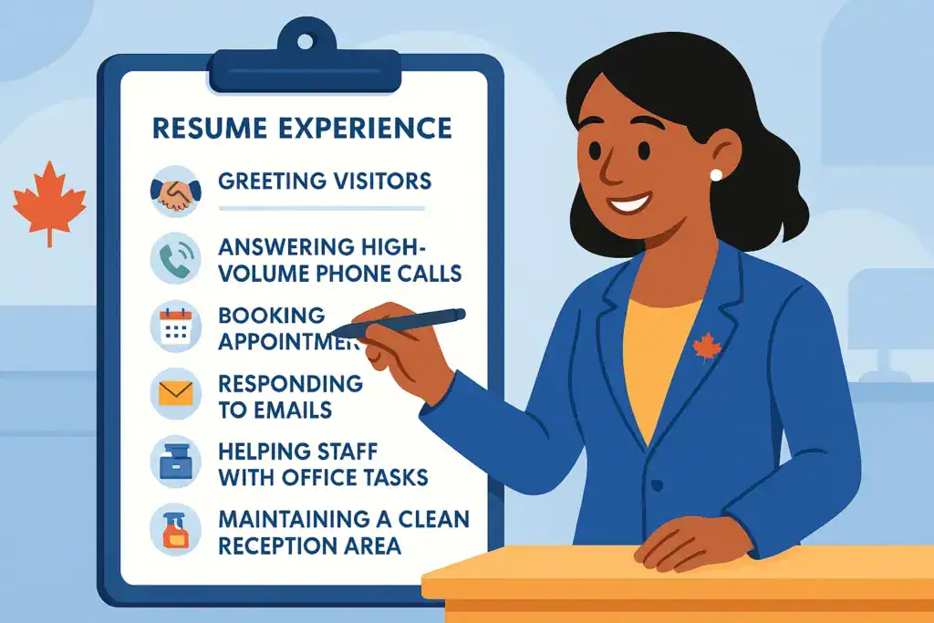 Illustration of a Canadian receptionist in a blue blazer pointing to a clipboard titled &lsquo;Resume Experience.&rsquo; The list includes key receptionist duties such as greeting visitors, answering high-volume phone calls, booking appointments, responding to emails, helping staff with office tasks, and maintaining a clean reception area. Icons representing each task appear beside the text, with a small maple leaf symbol emphasizing the Canadian context