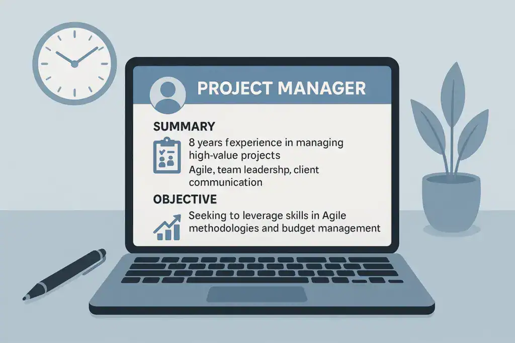 Illustration of a laptop displaying a project manager resume with sections for 'Summary' and 'Objective.' The summary highlights 8 years of experience in managing high-value projects, with skills in Agile, team leadership, and client communication. The objective emphasizes leveraging skills in Agile methodologies and budget management