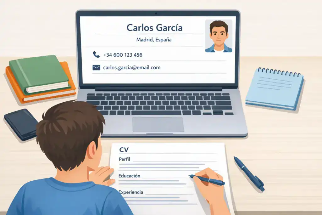 Ilustraci&oacute;n de un estudiante en un escritorio completando su CV. En la pantalla del port&aacute;til aparece la secci&oacute;n de informaci&oacute;n de contacto con nombre completo, ciudad en Espa&ntilde;a, n&uacute;mero de tel&eacute;fono, correo electr&oacute;nico y una foto profesional opcional, mostrando el formato est&aacute;ndar de contacto para estudiantes en Espa&ntilde;a.