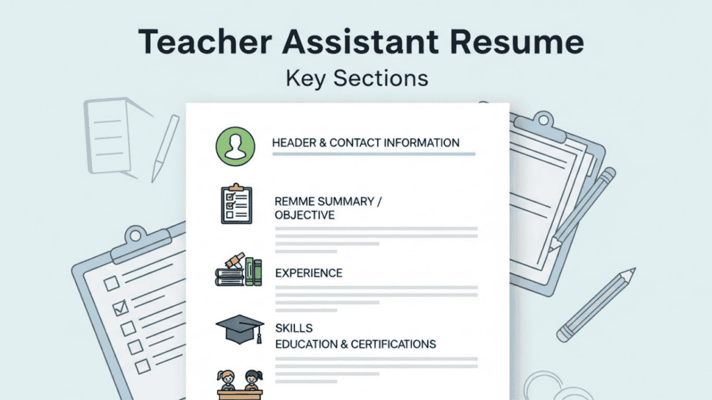 Illustration of a teacher assistant resume with labeled sections for header, summary, experience, skills, and education, featuring icons for contact info, skills, education, and classroom experience, with school-related visuals like books, pencils, and students, emphasizing a professional and organized resume layout.