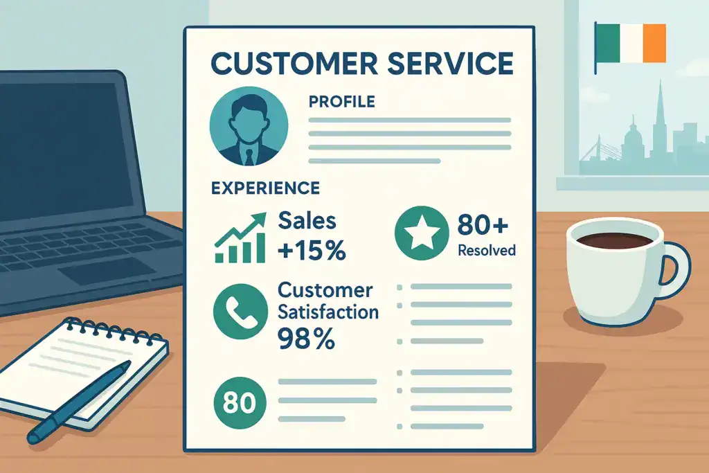 "Illustration of a customer service resume showing quantified achievements with graphs, charts, and numerical icons for impact."