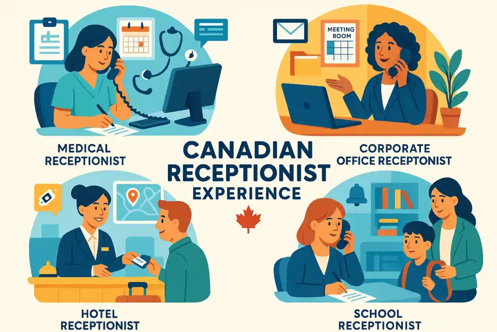 Illustration showing four types of Canadian receptionist roles&mdash;medical, corporate office, hotel, and school&mdash;each greeting or assisting people, with icons representing their tasks.