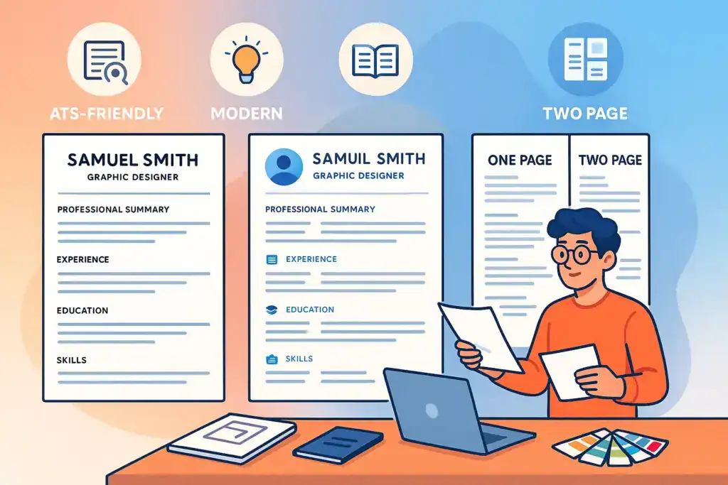 Illustration showing different U.S. resume formats for graphic designers, including an ATS-friendly layout, a modern creative layout, and a one-page vs. two-page comparison. A designer sits at a desk reviewing papers, with a laptop, books, and color swatches. Icons above represent ATS scanning, creative ideas, and multi-page formats, and the background features warm blue and orange gradients