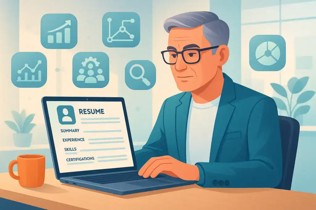 Illustration of a senior product manager with gray hair and glasses sitting at a desk, reviewing a resume on a laptop, surrounded by icons of analytics, strategy, team management, and product metrics.