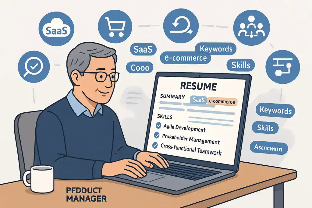 An illustrated senior product manager sits at a desk typing on a laptop, reviewing a resume. The screen shows highlighted keywords such as &ldquo;SaaS&rdquo; and &ldquo;e-commerce,&rdquo; along with skills like Agile Development and cross-functional teamwork. Around him float icons representing skills, keywords, SaaS, e-commerce, agile workflow, team collaboration, and search optimization. The style is modern, friendly, and professional