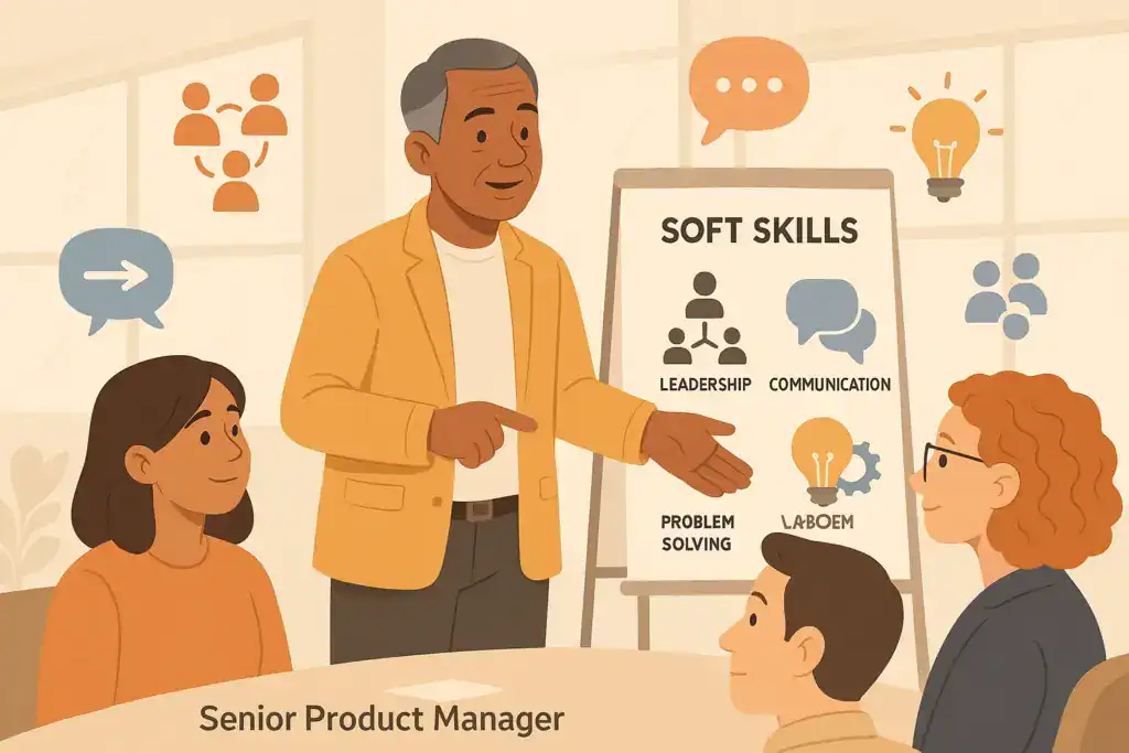 An illustrated senior product manager stands beside a presentation board labeled &ldquo;Soft Skills,&rdquo; pointing to icons representing leadership, communication, and problem-solving. Three team members sit around the table listening attentively. Additional icons of teamwork, speech bubbles, and lightbulbs appear in the background, emphasizing collaboration and innovative thinking.