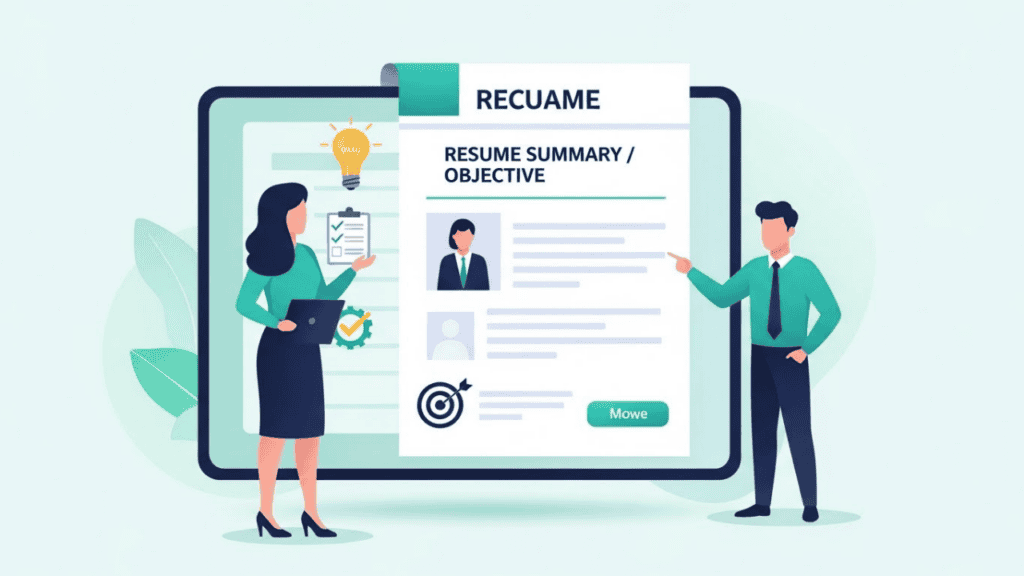 An illustrated scene showing a large digital resume on a screen labeled &ldquo;Resume Summary / Objective.&rdquo;
