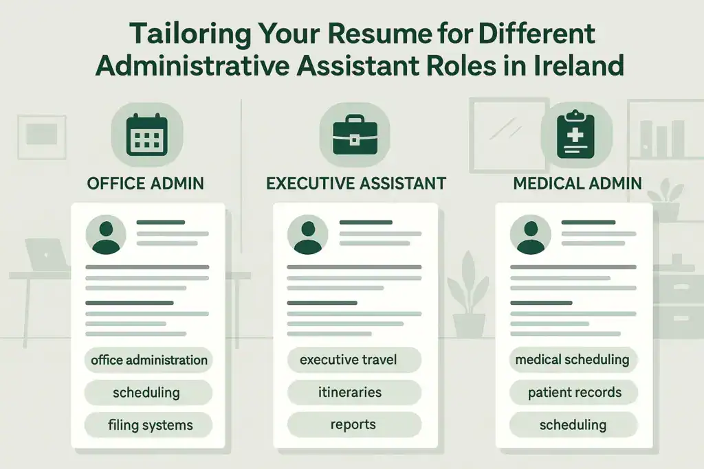 Infographic showing how to tailor an administrative assistant resume in Ireland for office admin, executive assistant, and medical admin roles.