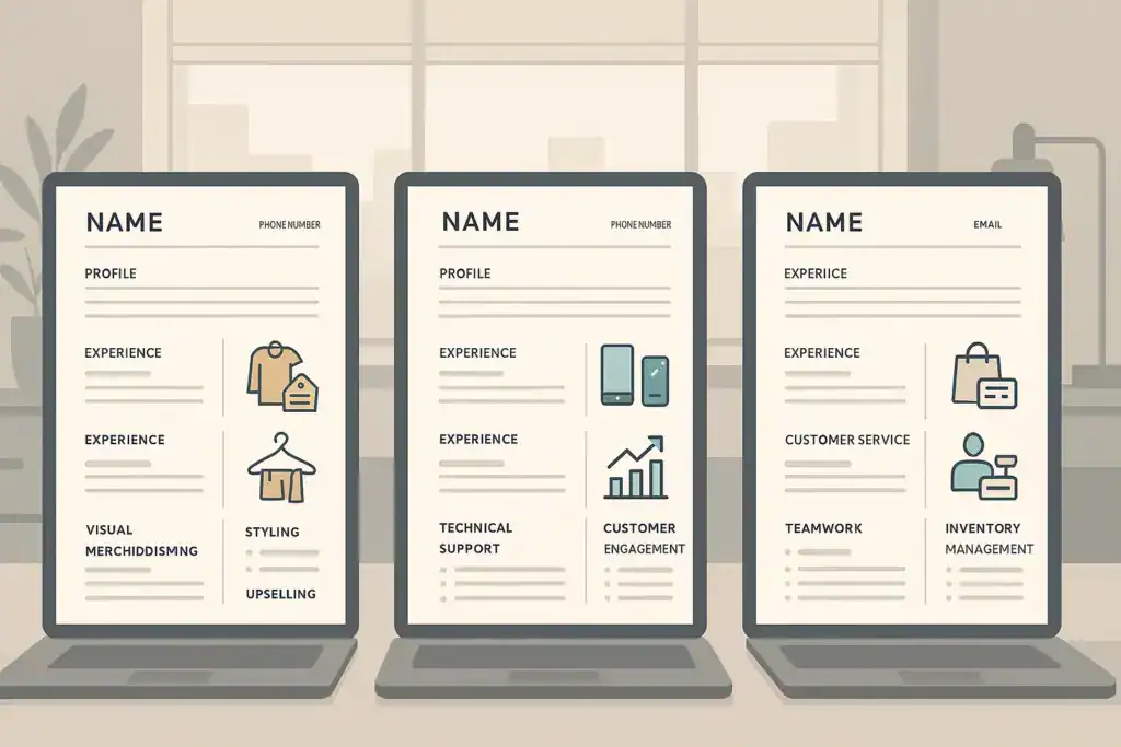 Illustration of retail associate resumes tailored for fashion and electronics roles with role-specific skills and achievements highlighted.