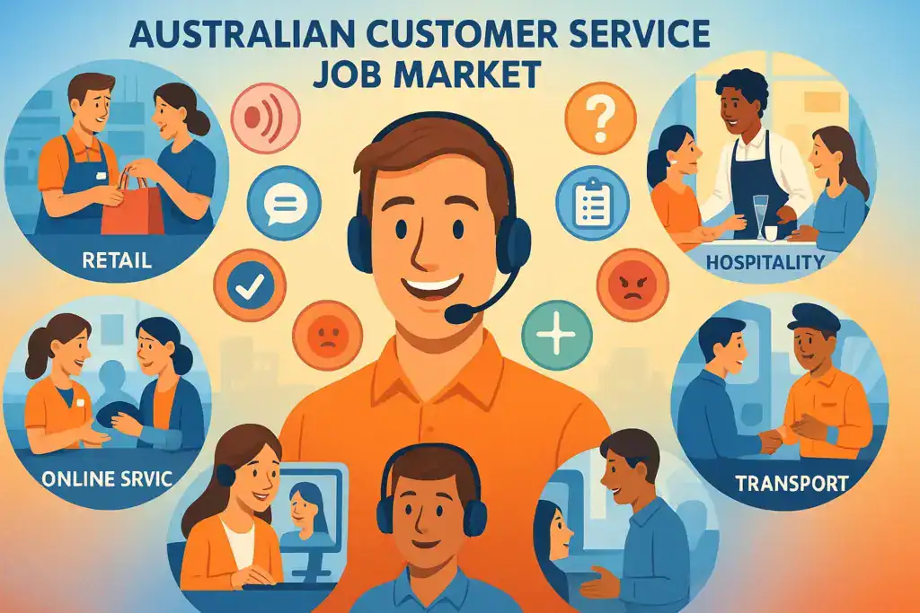 Illustration of the Australian customer service job market showing a central customer service worker wearing a headset, surrounded by circular scenes of retail, hospitality, online service, and transport roles. Various icons represent communication, problem-solving, listening, and customer support skills. The background uses warm blue and orange tones for a modern, professional look